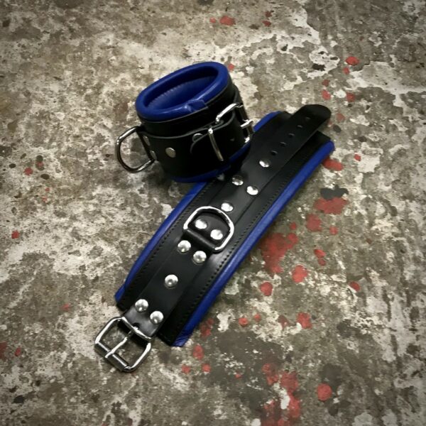 Leather Ankle Cuffs 8 cm. Black + Blue trim, Per 2 pcs.