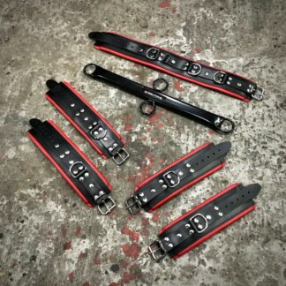 Complete SET Leather Wrist + Ankle + Neck cuff + Spreader 75 cm. Black + Red Piping